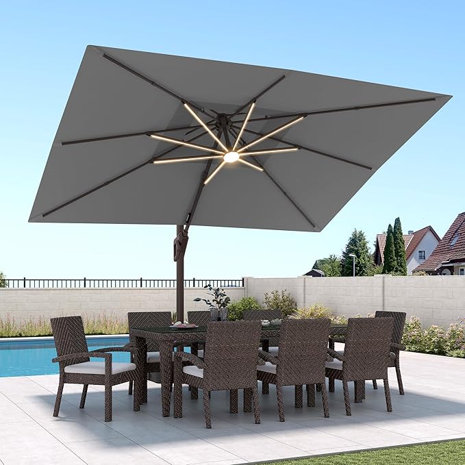 9 X 12 FT Cantilever Patio Umbrella with Led Lights Outdoor Heavy Duty Double Top Rectangle Offset Umbrellas with 360-degree Rotation for Pool Deck Backyard, Grey