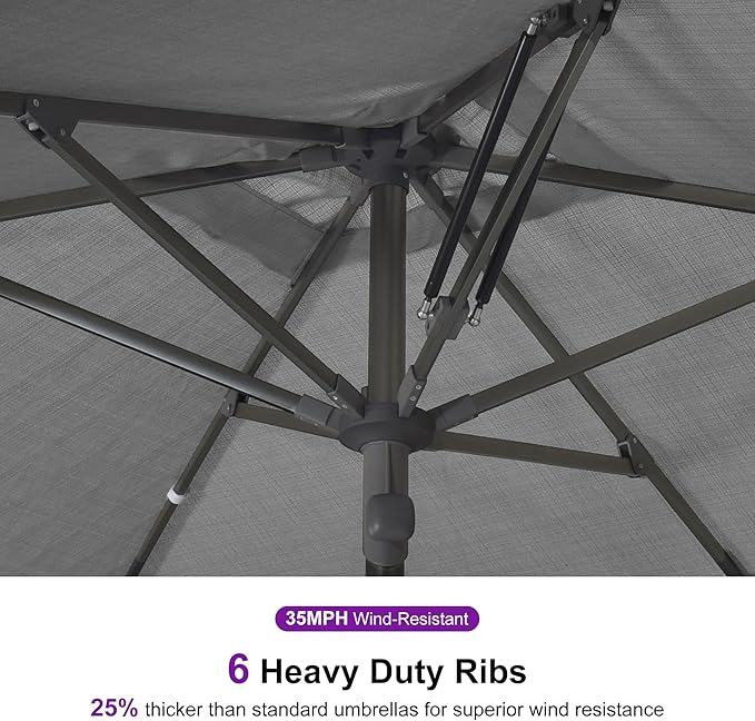 PURPLE LEAF 6 X 10 FT Semi-Auto Outdoor Patio Umbrella Market Table Sun Umbrellas with 6 Aluminum Sturdy Ribs for Backyard Deck Garden Pool (Gray Pole Gray Canopy)