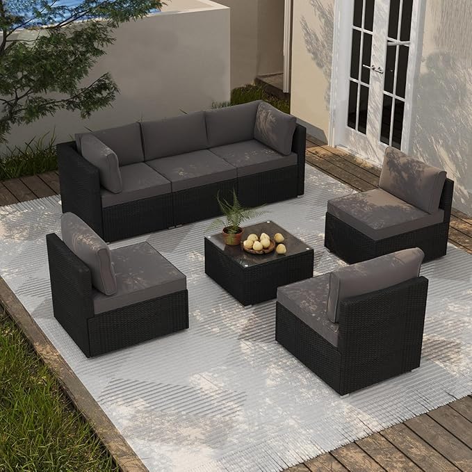 Patio Furniture Set, Outdoor Couch Set—All-Weather Outdoor Furniture Sectional w Water Resistant Thick Cushions, Patio Sofa Set (Deep Gray & Black)