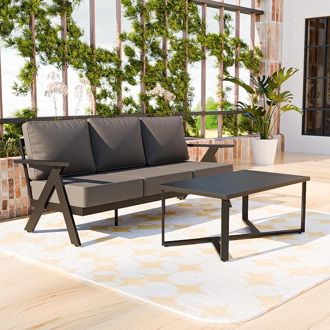 COOS BAY Iron Luxe 2 Piece Outdoor Patio Furniture Set, Modern Patio Conversation Set with a 3 Seat Couch & Coffee Table for Deck, Garden, Porch, Black/Gray