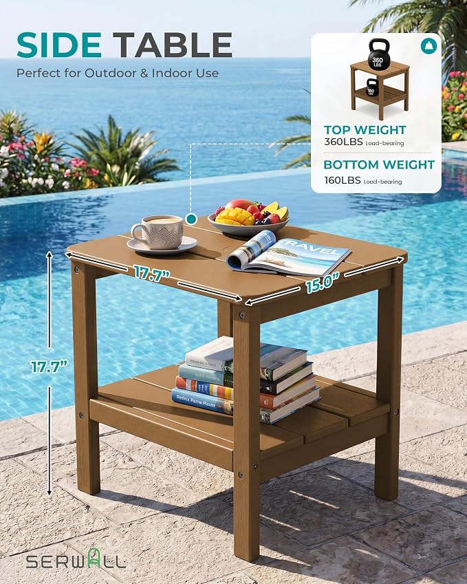 SERWALL Double Layer Adirondack Side Table with Umbrella Hole, HIPS Outdoor Side Table Rectangular End Tables for Patio, Poolside, Garden, Brown