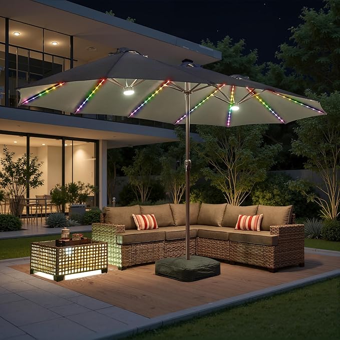 15ft Patio Umbrella with Base Included, Rectangle Double Patio Umbrellas with Crank Handle 12 Ribs, Heavy Duty Large Table Umbrella for Pool Deck Garden Party Commercial