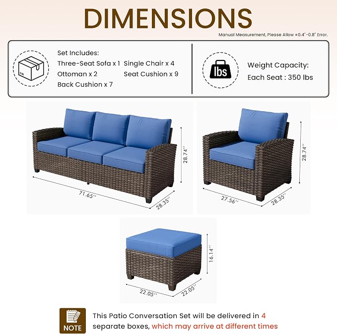 CAODOC 7 Pieces Rattan Patio Furniture Set, 4 x Single Chair, 2 x Ottoman and 3-Seat Sofa with Cushions, 9 Seats Outdoor Wicker Sectional Conversation Set for Garden, Poolside, Backyard