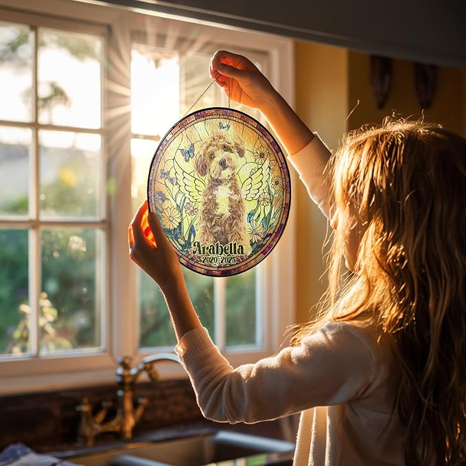 Custom Photo Memorial Dog Suncatcher Custom Cat, Pet Stained Glass Keepsake – Loss of Pet Sympathy Gift – Stained Glass Dog Memorial Window Hanging Sun Catcher– Pet Remembrance Gift