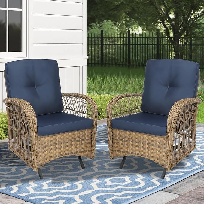 MEETWARM Patio Wicker Rocking Glider Set, All-Weather Outdoor Rattan Patio Rocking Chairs of 2, Patio Conversation Set with Thickened Cushions for Porch Garden & Backyard, Navy Blue