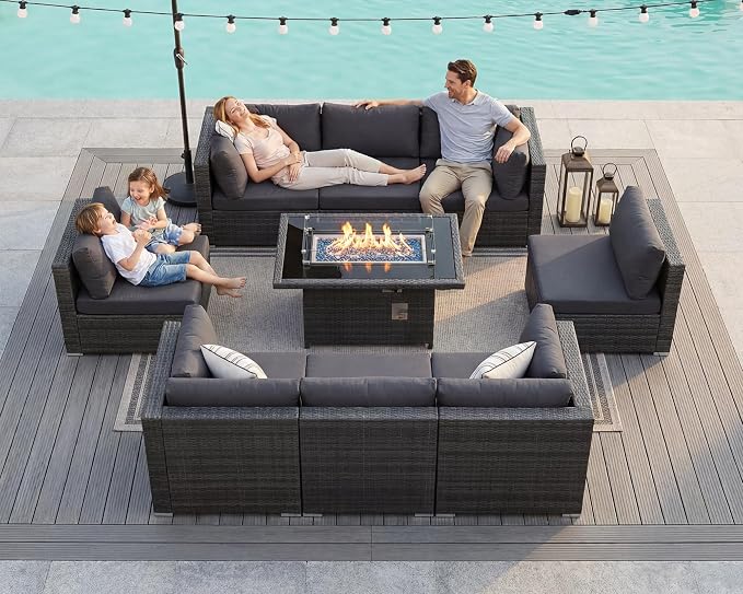 BULEXYARD 9 Piece High Back Outdoor Sectional Seating with Fire Pit Table, Heavy Duty Sturdy Wicker Patio Set Conversation Couch Sofa, Extra Wide Deep Large 8-Person Deck Furniture for Outside, Grey