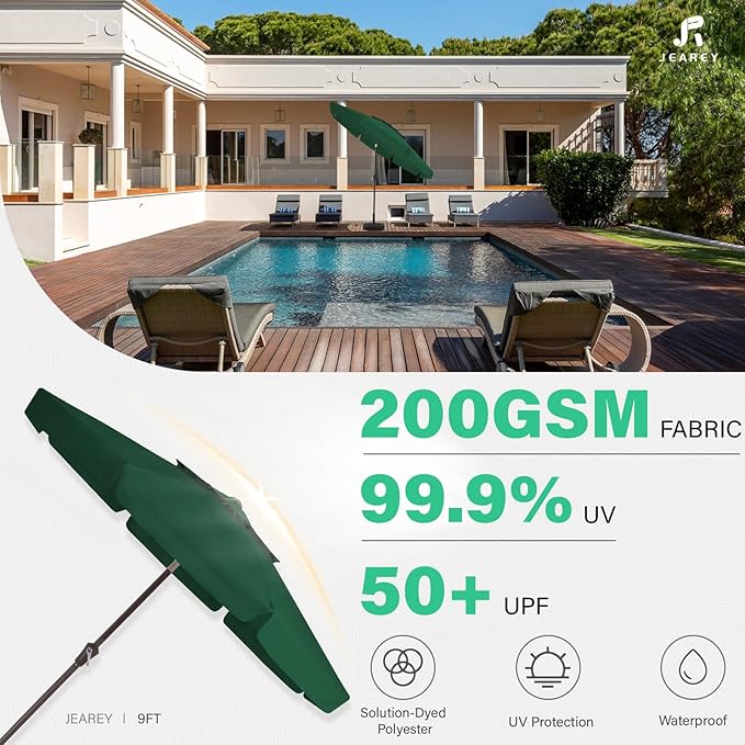 JEAREY 9' 2-Tiers Patio Umbrellas Outdoor Market Table Umbrella w/Push Button Tilt/Crank, 8 Sturdy Ribs, UV Protection Waterproof Sunproof(Dark Green)