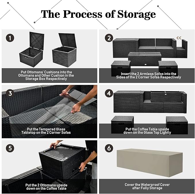 Tangkula 8 Pieces Patio Furniture Set with Waterproof Cover, Patiojoy Space Saving Outdoor PE Rattan Set with Storage Box, Tempered Glass Table, 2 Ottomans, 2 Armless Sofas & Corner Sofas