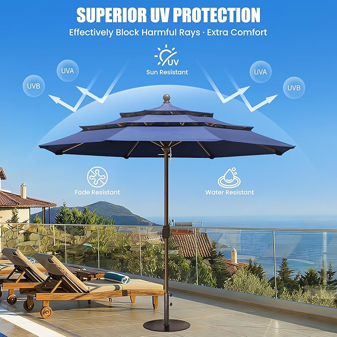 EliteShade USA 10-Year-Non-Fading 11ft 3-Tier Market Patio Umbrella, Commercial Grade Outdoor Table Umbrella with Crank Open, Windproof & UPF 50+ UV Protection, Heavy Duty Ventilation for Garden, Deck, Pool, Backyard, Beach & Bistro, No Tilt, Navy Blue