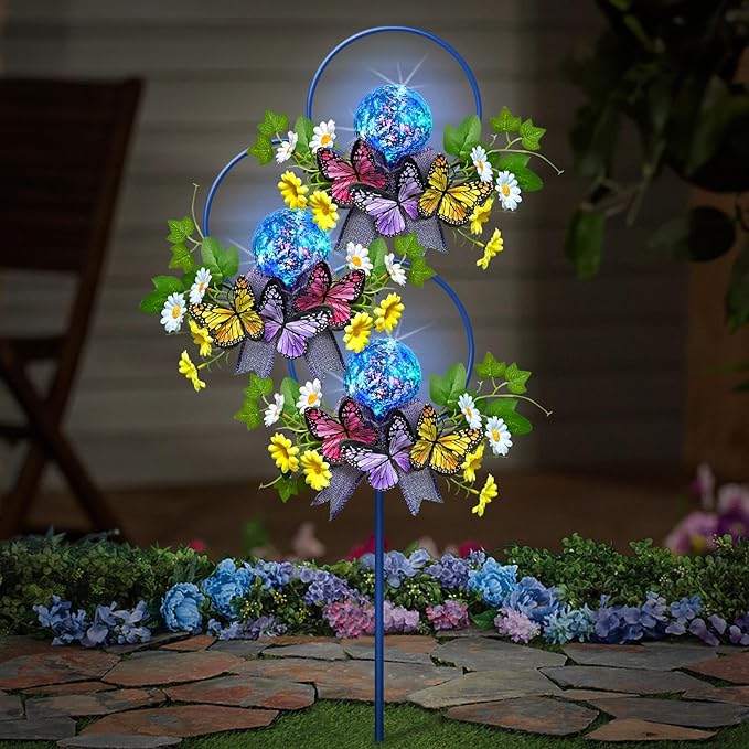 Solar Lights Outdoor Pathway,Triple Butterfly Flower Garden Stake with Colorful Lights for Yard,Patio,Lawn,Solar Powered Outside Decorations,Gifts for Women