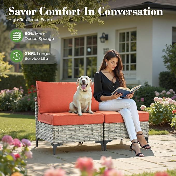 6 Pcs Patio Furniture with Fire Pit Table, Outdoor Rattan Wicker Conversation Set with Glowing Coffee Table, Comfy Sectional Sofa for Porch Balcony Backyard Pool, Orange