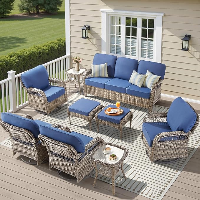 9 Pieces Outdoor Furniture Set, Swivel Rocker Patio Chairs Set of 4 Wicker 3 Seater Sofa with Ottmans Conversation Sets Patio Furniture for Deck Porch Garden Backyard, Blue