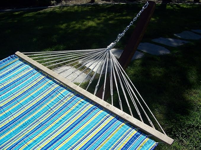 14 Ft. Water Treated Wooden Arc Hammock Stand + Premium Quilted, Double Padded Hammock Bed. 2 Person Bed.450 LB Capacity(Coffee Stain/Teal & Yellow Stripe)