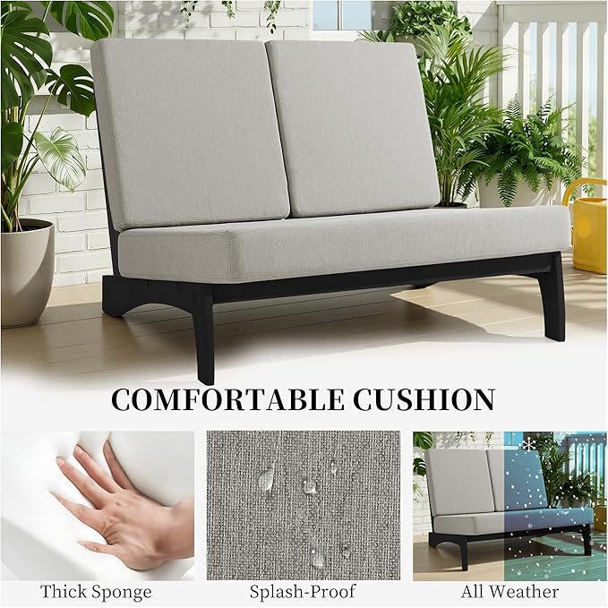 UIXE 6 Pieces All Weather Black Wood Patio Furniture Sets, 2 Patio Loveseat, 2 Patio Bistro Chair, Outdoor Sectional Sofa Furniture Backyard Conversation Set with Coffee Table - Light Camel