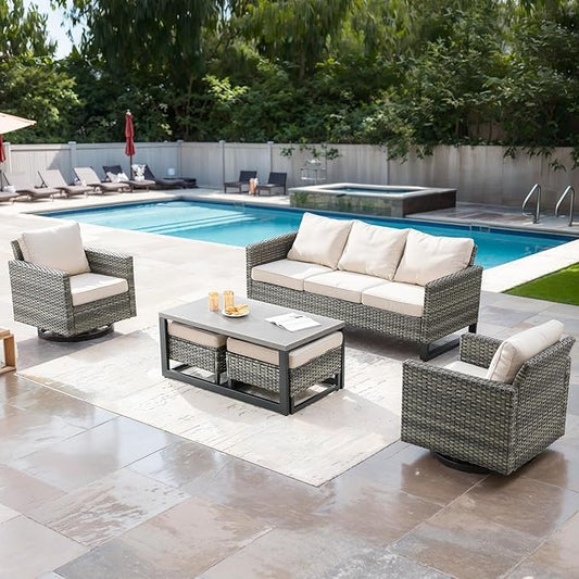 Wicker Outdoor Patio Furniture Set - 6 Piece Patio Conversation Set with 2 Swivel Rocker Chairs,2 Rattan Ottoman,1 Couch and 1 Metal Coffee Table for Outside Porch Deck Backyard(Mixed Grey/Beige)
