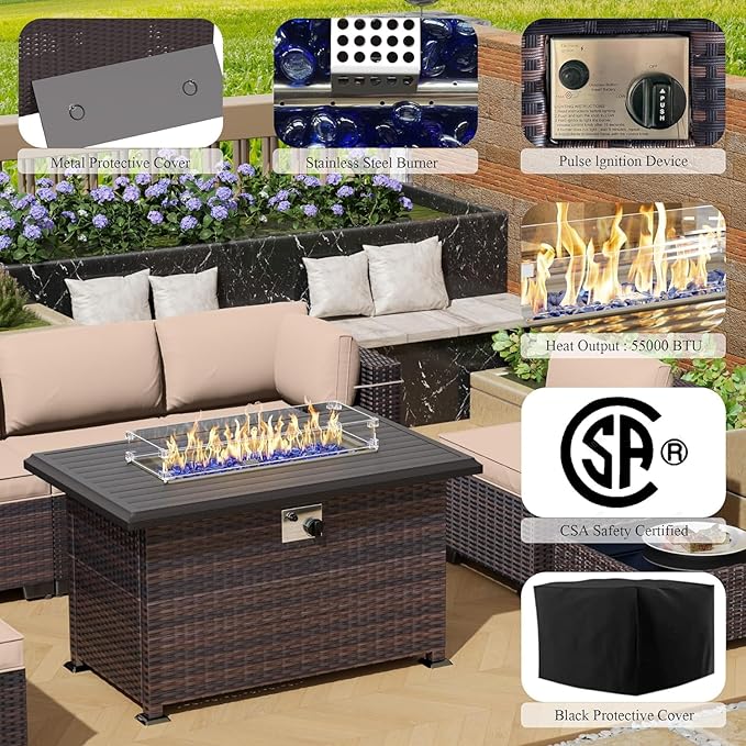 8 Pieces Outdoor Patio Furniture Set,Outdoor Sectional Furniture with 43" 55000 BTU Gas Propane Fire Pit Table,All Weather PE Rattan Wicker Patio Conversation Set,Sand