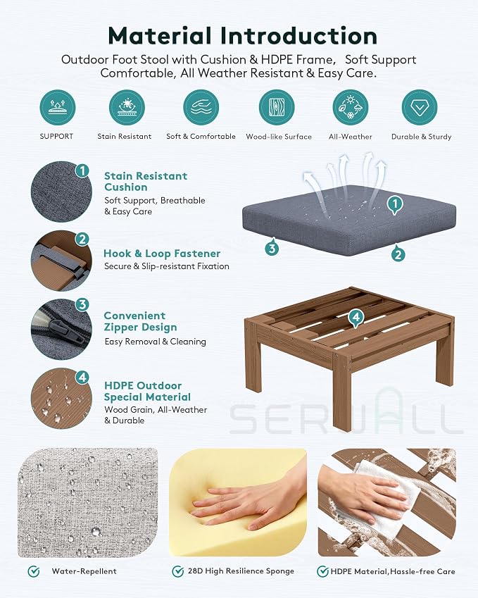 SERWALL HDPE Outdoor Ottoman with Cushions