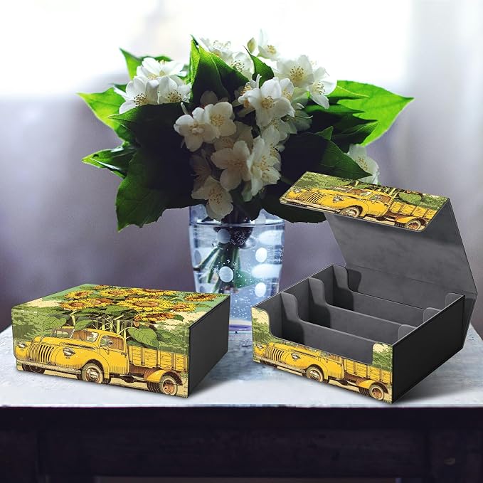 Large Card Deck Box for MTG, Fits 1200+ Sleeved Cards, PU Leather Storage Case with Strong Magnetic Closure, Multiple Colors Available for TCG CCG Baseball Card Collections, Sunflower Truck