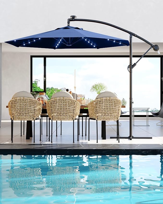 10FT Cantilever Patio Umbrella with Solar LED Lights - Heavy Duty 2-Tier Square Aluminum Offset Outdoor Umbrella, 360° Rotation for Poolside, Backyard, Deck Outdoor Use, Tan