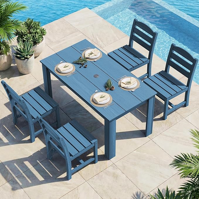 SERWALL Outdoor Dining Sets for 4, HDPE Dining Sets for 4 Person with 1 Umbrella Hole Cut-Out Rectangular Table and 4 Armless Chairs, Patio Dining Sets for Garden, Backyard, Poolside, Blue