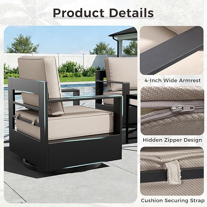 Aluminum Outdoor Swivel Rocker Patio Chairs Set of 2, All-Weather Metal Outdoor Chair with 6 Inch Thick Cushions, Deep Setting for Garden, Outside and Porch, Beige