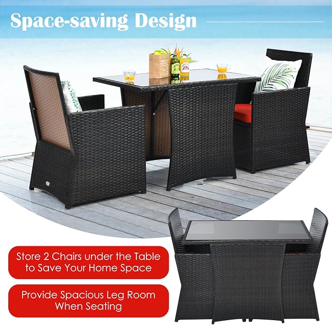 DORTALA Wicker Patio Bistro Set 3 Piece, Outdoor Table and Chairs with Tempered Glass Tabletop, Cushions, Small Rattan Furniture Conversation Sofa Set for Balcony, Porch, Backyard, Deck, Red