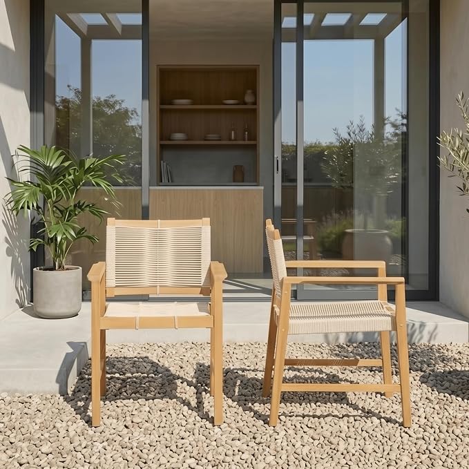 NTC Luno 6 Pieces Solid Wood Lounge Armchairs with Handwoven Rope Seat & Back, Indoor & Outdoor Wooden Chairs for Patio Dining Sets, Modern Patio Lounge Chairs, Easy Assembly, Natural
