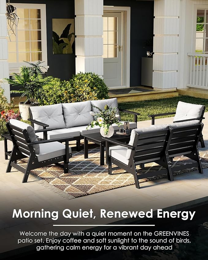 GREENVINES 6-Piece-Patio-Furniture-Set | HDPE Plastic | Outdoor Sectional Conversation Sets | All-Weather Couch | Sofa with Coffee Table | Detachable Armrests | for Deck Lawn | Black