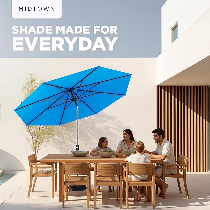 Midtown Umbrellas - 10-Year-No-Fade 6 Ft Patio Umbrella with Terylast Fabric, Auto-Tilt Aluminum Frame and 8 Reinforced Ribs for Deck, Pool, Garden & Beach - Cobalt Blue Canopy, Black Pole