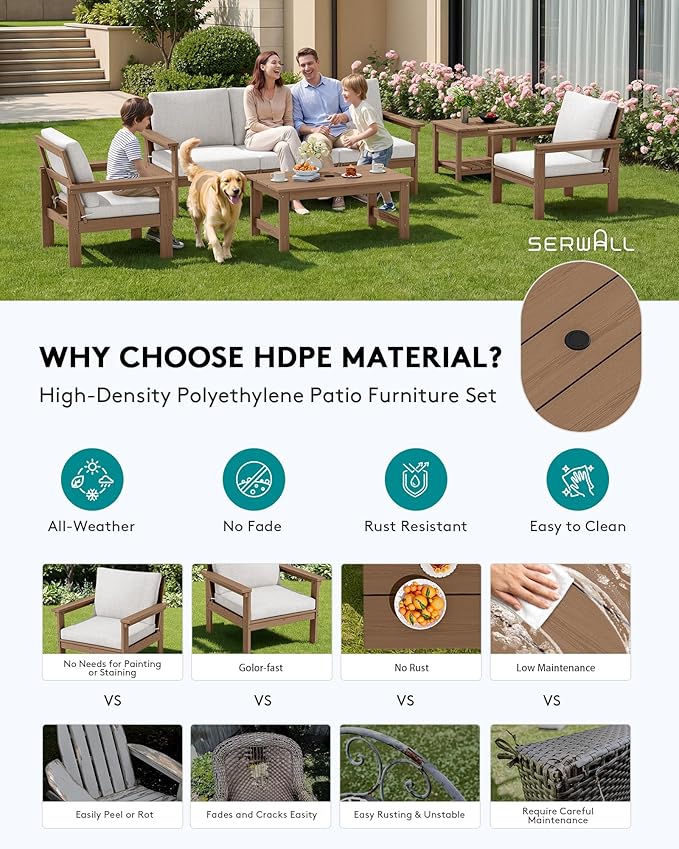 SERWALL HDPE Patio Furniture Set, 7-piece Outdoor Sectional Sofa Set, All Weather Outdoor Couch Set for Deck, Lawn, Brown Frame with Khaki Cushion