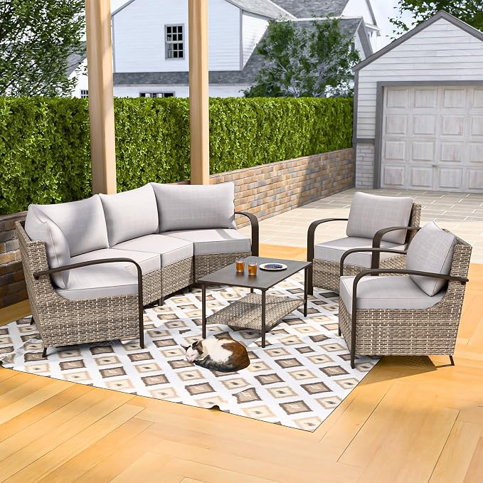 COOS BAY Aurora Terrace 6 Piece Outdoor Sectional Furniture Set, Half Moon Rattan Wicker Conversation Set with Patio Chairs, 4 Seat Sofa & Coffee Table for Patio Garden Yard, Beige/Beige