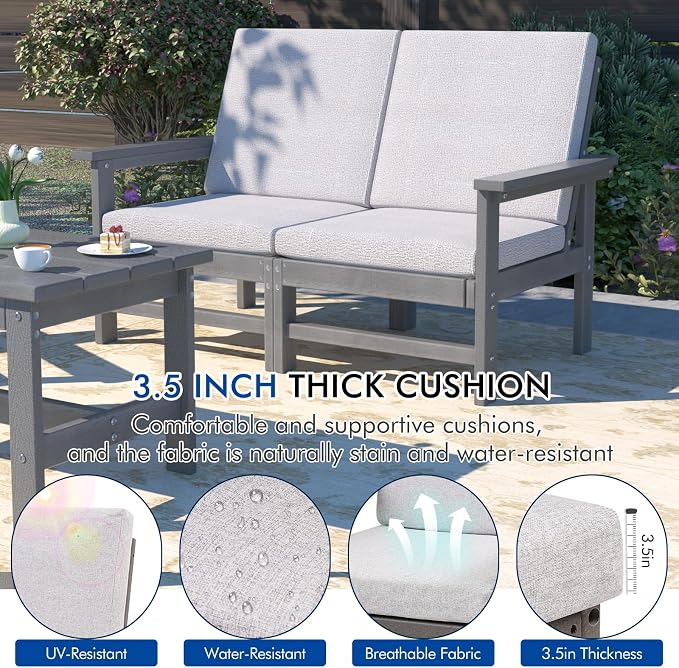 3-Piece HDPE Patio Furniture Set, All-Weather Outdoor Sectional Sofa Set with Coffee Table, Wood-Like Composite Conversation Couch for Deck, Lawn, Balcony - Grey Frame