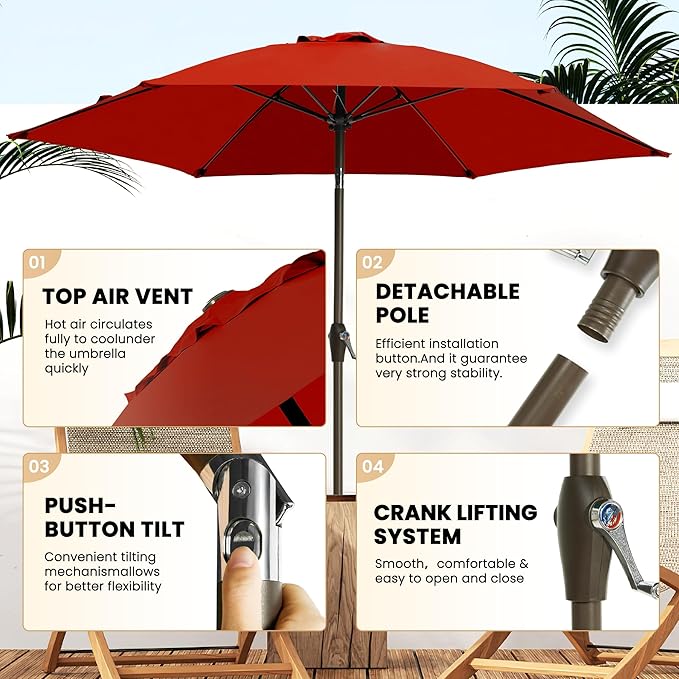 Ayge 7.5FT Large Outdoor Patio Umbrella Market Table Umbrella-UV Resistant, Easy Push Button Tilt and Crank, 6 Sturdy Fiberglass Ribs Heavy-Duty Pool Umbrella for Deck, Backyard,Garden, Yard,Red