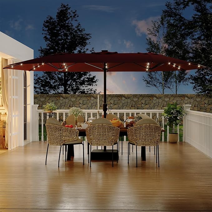15FT Solar Patio Umbrella with 36 LED Lights, Weighted Base Included, Tilt and Crank Market Umbrella for Backyard, Garden, Deck, Pool, Beach