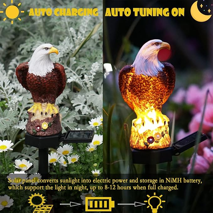 SmilingTown Solar Garden Lights Resin Warm White LED Figure Waterproof Decorations with Stake for Outdoor Yard Pathway Outside Patio Lawn Decor 2 Pack (Eagle)