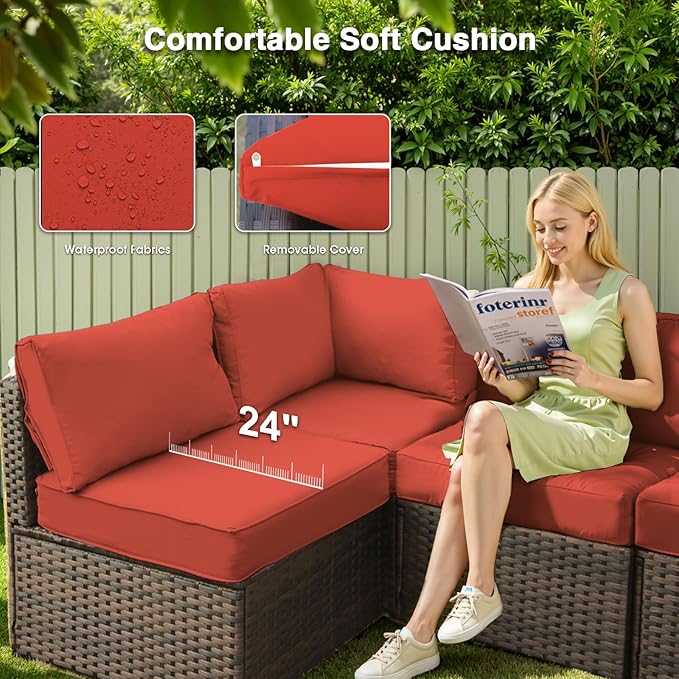7 Pieces Patio Furniture Set, Rattan Outdoor Sectional Conversation Sets, All Weather Outdoor Furniture Set with Cushions for Garden Lawn Balcony Porch Deck Red