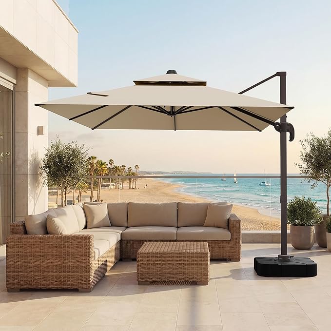 VEGOND 9x12 FT Patio Cantilever Umbrella with Base, Rectangular Heavy Duty Offset Umbrella for 6-8 People, 360°Rotation & Mult Tilt, Double Top Design, for Pool Garden Deck (Beige)