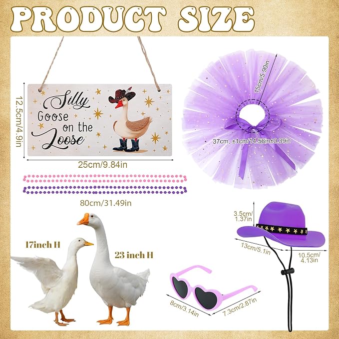 6pcs Purple Princess Porch Goose Outfits for 17-23 Inches | Tutu Skirt Cowboy Hat Glasses Necklaces Wooden Sign for Outdoor Garden Lawn Art Decor