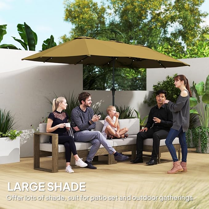 Outsunny 13ft Large Patio Umbrella with Solar Lights, Rectangular Double-Sided Outdoor Market Umbrella with Crank Handle and 48 LED Bulbs for Garden, Pool and Backyard, UPF 30+
