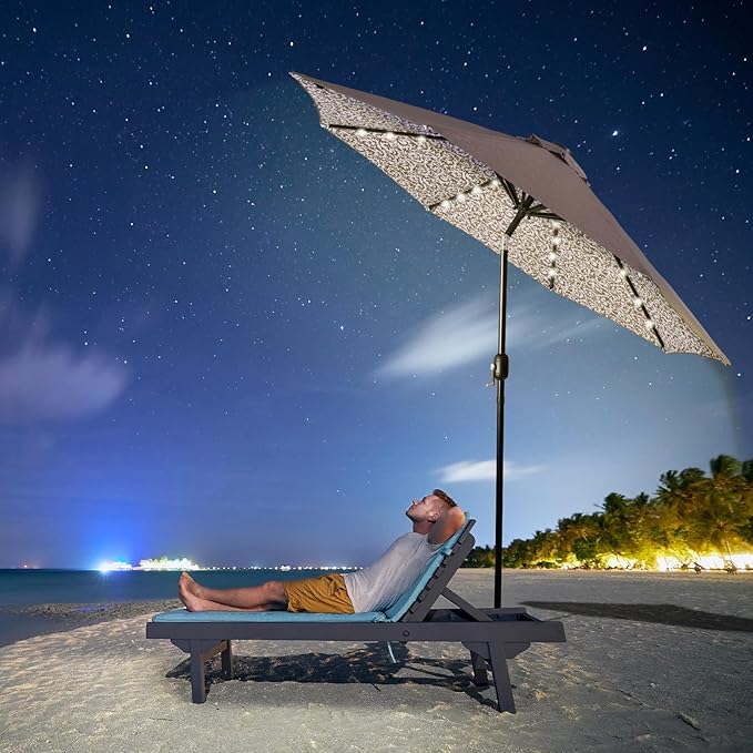 Backyard Expressions 9FT Solar Patio Umbrella with 32 LED Lights, UPF50+ UV Protection, Fade-Resistant Fabric, Easy Tilt & Crank, Outdoor Umbrella for Patio, Deck & Pool (Base Not Included)