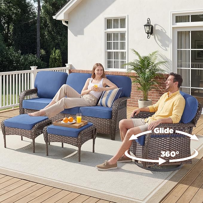 Belord Luxury Patio Furniture Set with 5-inch Thick Cushion, Outdoor High Back Swivel Rocker Patio Chairs, 7PCS Wicker Conversation Set for Deck Yard and Poolside,Blue