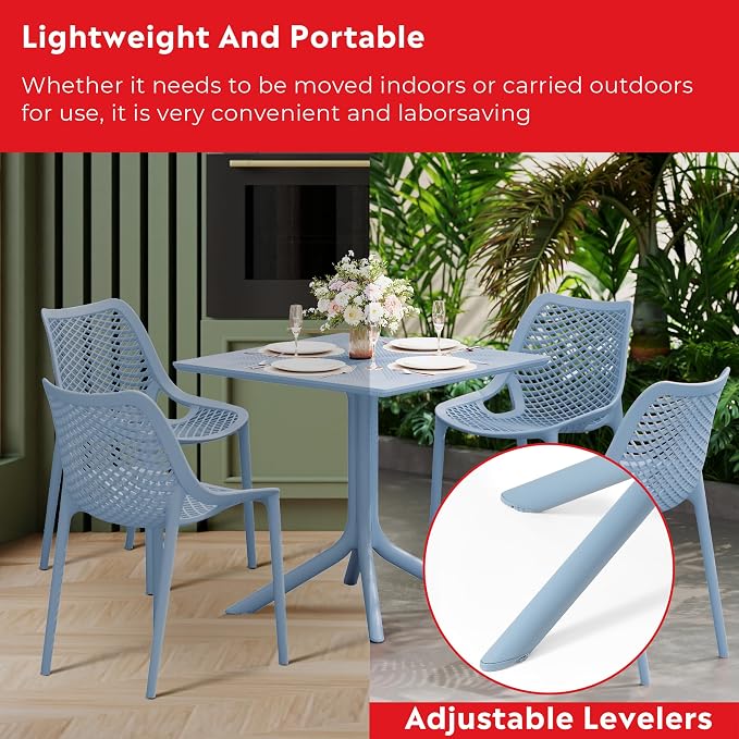 Costaelm Patio Dining Table for 4, Square PP Patio Table, 4-Person Weather Resistant Porch Tables for Outside Poolside Deck Lawn Garden Backyard, French Blue