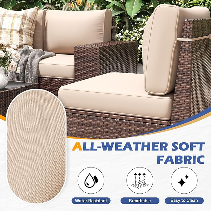 6 Pieces Outdoor Patio Furniture Set with Table Brown Rattan Sectional Sofa Conversation Sets for Balcony Lawn and Garden (Beige, 6 pcs w/Table)