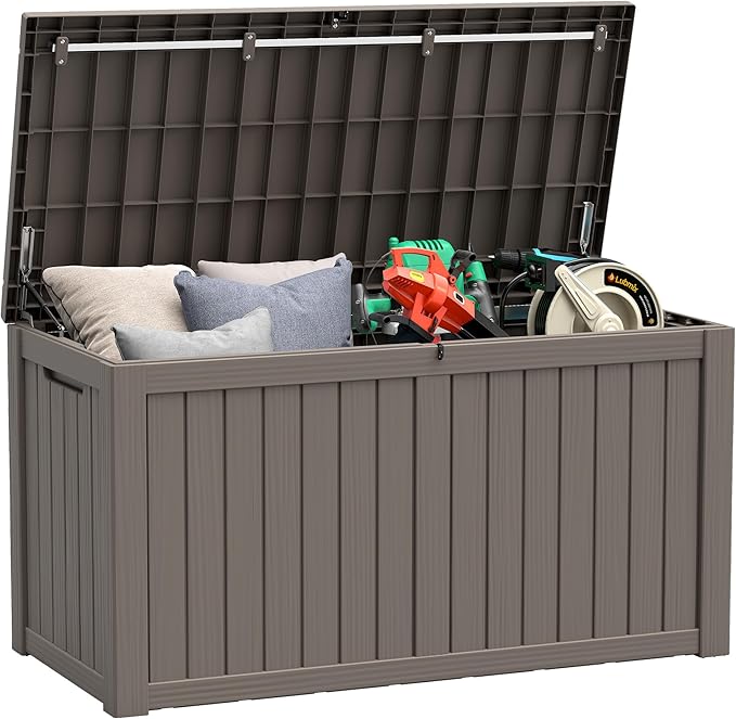 KAMABOKO Outdoor Storage Box, 180 Gallon Large Outdoor Resin Deck Box, Storage Waterproof Boxes Lockable Lid for Garden Tools, Pool Supplies, Patio Furniture and Cushions, Grey