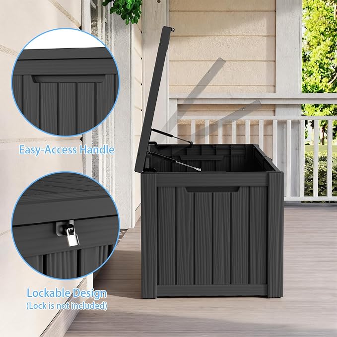 Pepe Tee 120 Gallon Waterproof Resin Deck Box, Outdoor Storage Bin for Patio Furniture Cushions, All-Weather Garden Organizer & Seating Bench, Black