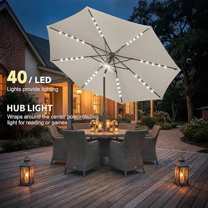 10FT Solar Umbrella Outdoor - Lighted Solar Patio Umbrella with 40 LED Lights Waterproof UV Protection, Table Umbrella with Tilt for Pool, Porch, Garden, Deck, Backyard (Taupe)