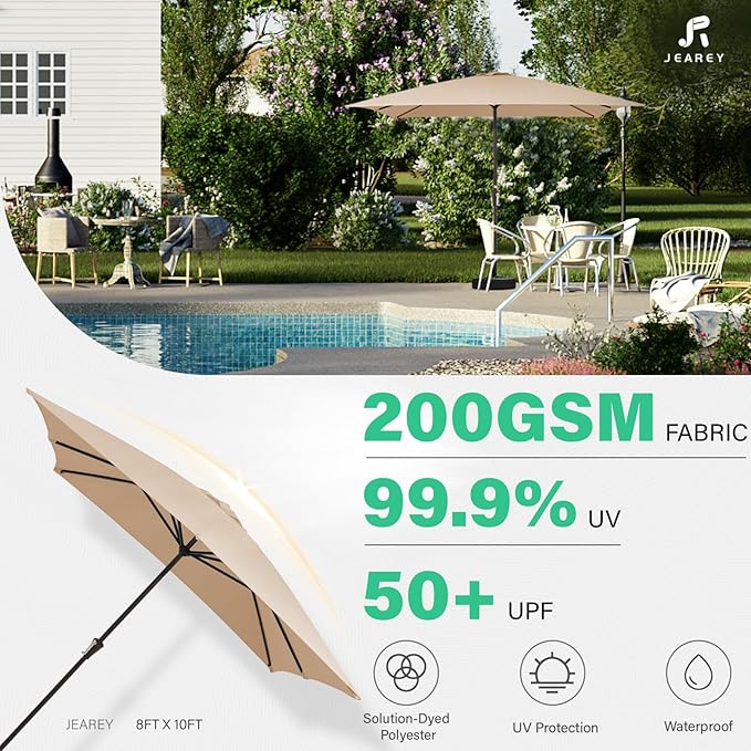 JEAREY 8x10 ft Rectangular Patio Umbrellas Outdoor Table Market Umbrella w/Crank, 8 Sturdy Ribs, UV Protection Windproof Sunproof for Garden, Deck, Backyard, Pool(Beige)