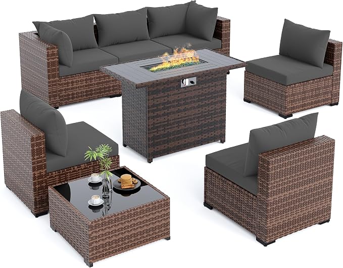 Amopatio 8 Pieces Patio Furniture Set with Fire Pit Table, Outdoor Sectional Conversation Sofa, All-Weather Wicker for Garden, Backyard, Porch, Balcony(Dark Grey)