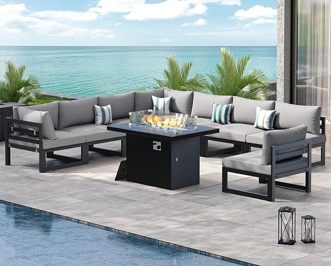 NICESOUL 9 Piece Modern Aluminum Patio Furniture Set with Fire Pit Table, 500 lbs Heavy Duty Outdoor Sectional Sofa, 29" Deep Wide Oversized Seating L Shaped Conversation Couch for Garden, Light Gray