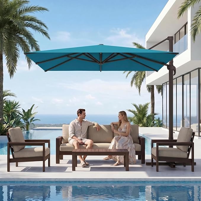 Kingdura 9' X 9' Cantilever Patio Umbrella with Base Included, Large Square Outdoor Offset Umbrella with 360-degree Rotation, 4 Position Tilt, UV Protection for Pool Deck Garden Patio (Lake blue)